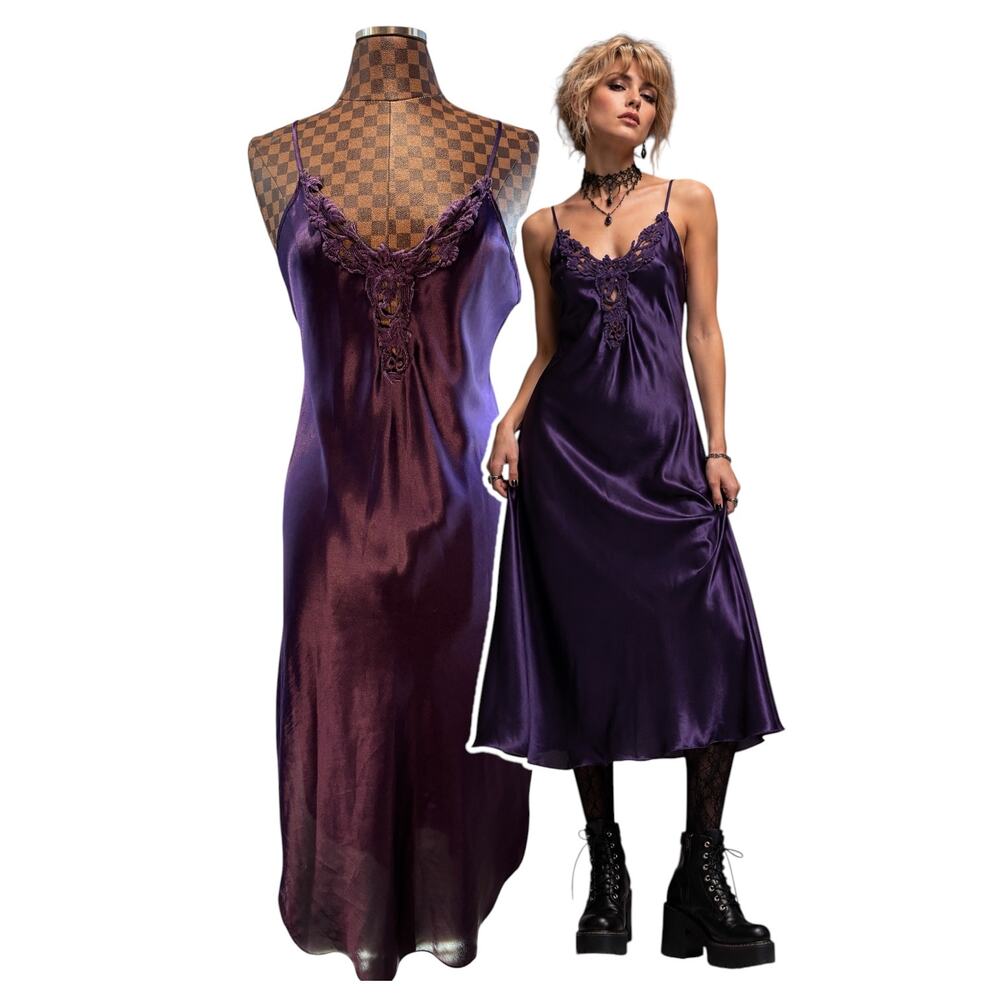 Vintage Dentelle Royal Purple Satin Slip Dress Nightgown Size Large Whimsigoth